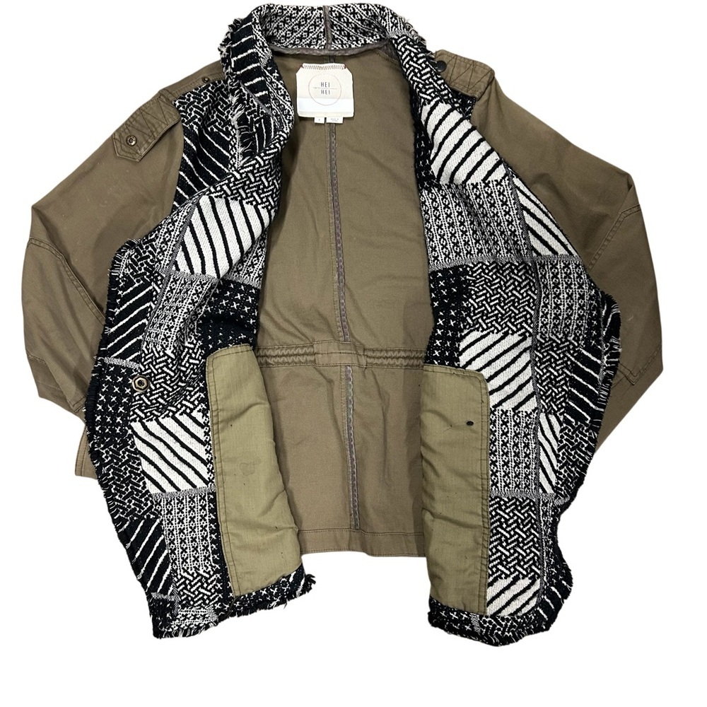 ANTHROPOLOGIE Hei Hei Womens Small fringe fieldwork jacket Green Black White EUC - Picture 2 of 9